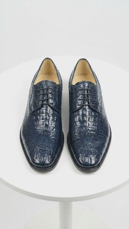Men’s Los Altos Navy Caiman Hornback Dress Shoes with Plain Toe, Exotic Formal Lace Up Shoes