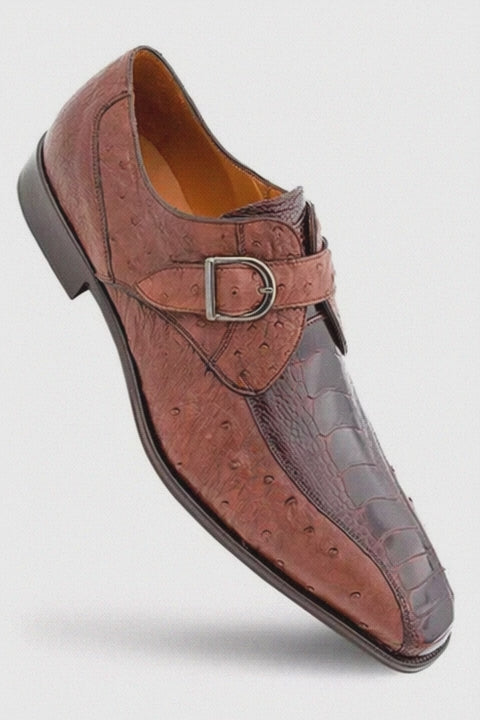 Mezlan Men's Genuine Full Quill Ostrich Leg Monk Brown  Strap Shoes