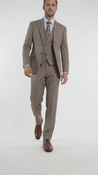 Men’s Tan Plaid 3 Piece Suit, 2 Button Vested Peak Lapel Formal Wedding Business Suit