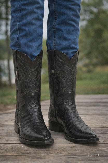 Black Pointed Toe Ostrich Boots