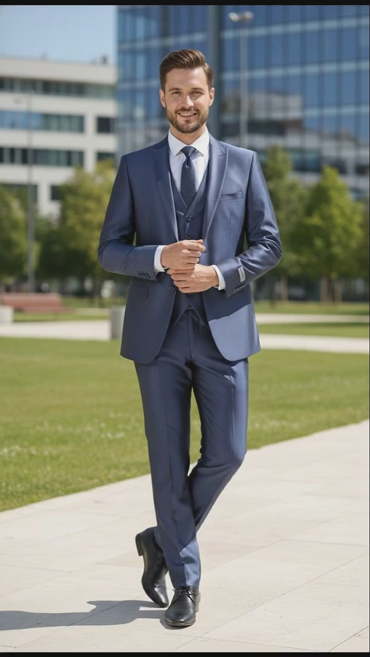 Men’s Navy Blue Shiny Finish 3-Piece Suit Set – Premium Tailored Fit Formal Wedding and Party Sateen Slim Fitted Suit
