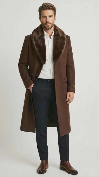 Men’s Brown Long Overcoat with Faux Fur Collar – Classic Winter Formal Coat Three Quarter Carcoat Wool and Cashmere Fabric