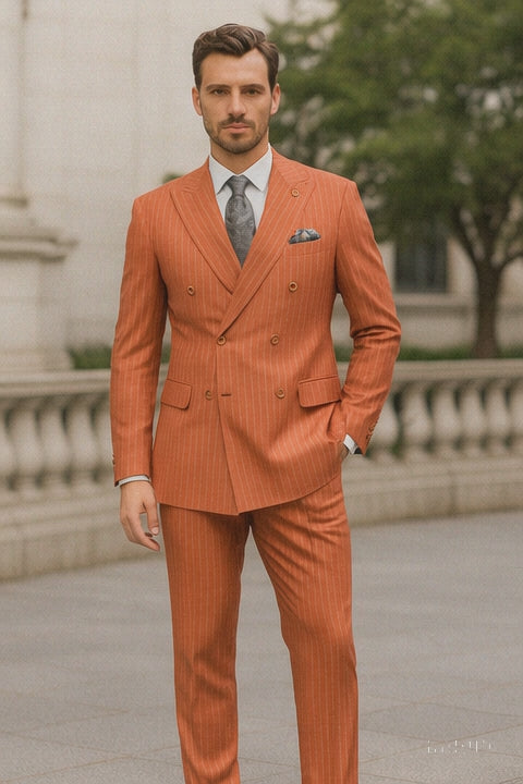 Men’s Orange Pinstripe Double-Breasted Suit – Stylish Formalwear