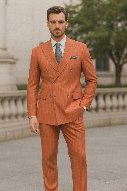 Men’s Orange Pinstripe Double-Breasted Suit – Stylish Formalwear
