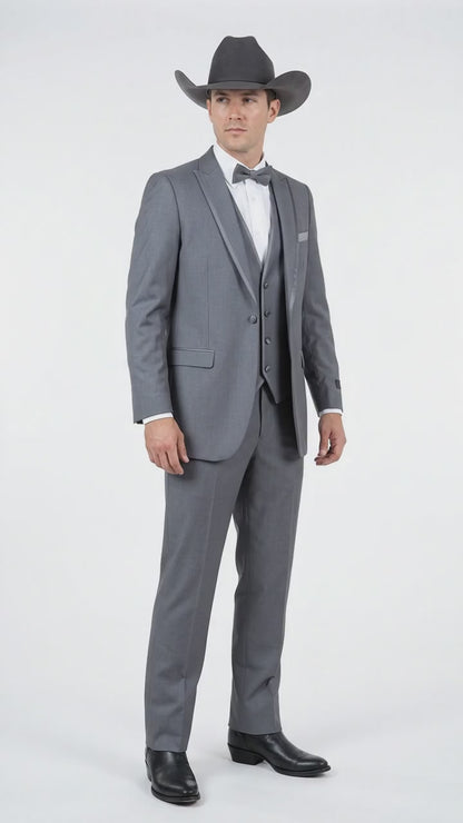 Men's Medium Grey Western 3-Piece Tuxedo Suit with Vest – Cowboy Style Formal Country Outfit