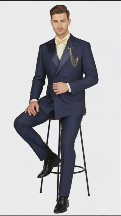 Men’s Navy Blue Double-Breasted Tuxedo with navy Satin Peak Lapel Wedding Suit