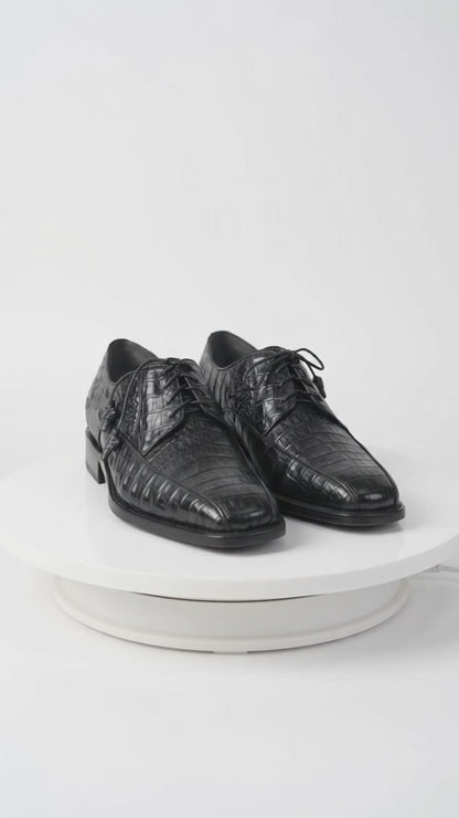 Los Altos Men’s Black Genuine Caiman Belly Oxford Shoes – Exotic Leather Lace-Up Dress Shoes