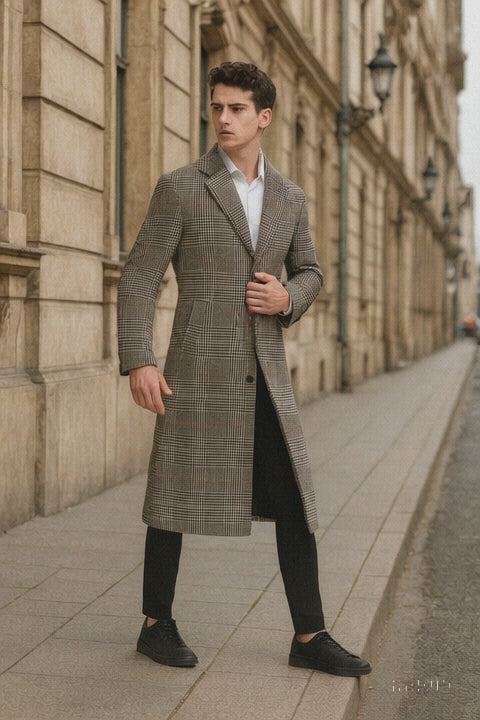 Men’s Full length  Long Plaid Overcoat – Classic Checkered Wool Blend Winter Coat in Gray Color Checkered