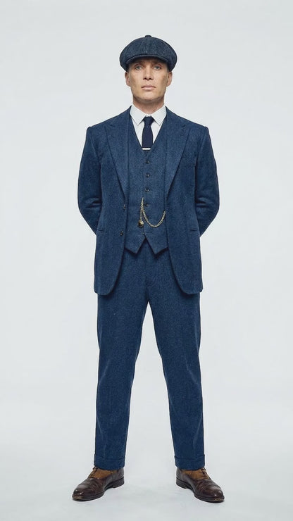 Men’s Blue 3 Piece Suit, Thomas Shelby Inspired Vintage Formal Suit Herringbone Tweed 1920s fabric