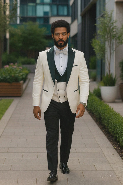 Hilton White and Black Paisley Peak Lapel Tuxedo Jacket with Matching Shawl Vest and Wool Pants – Includes Bow Tie