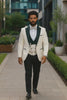 Hilton White and Black Paisley Peak Lapel Tuxedo Jacket with Matching Shawl Vest and Wool Pants – Includes Bow Tie