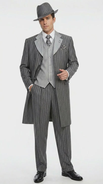 Men’s Grey Pinstripe Zoot Suit 3 Piece – 1920s Gangster Vintage Wide Lapel Suit with Vest for Wedding, Party