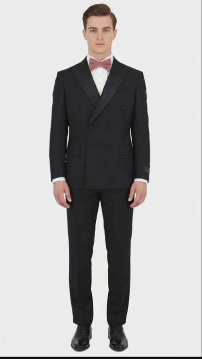 Tiglio Brand 100% Wool Super 150s Italian fabric Men’s Classic Black Double-Breasted Tuxedo with Satin Peak Lapel – Formal Wedding & Gala Suit Set