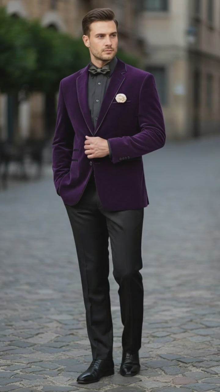 Men’s Purple Velvet Blazer – Luxury Slim Fit Formal Jacket with Black Satin Trim Tuxedo Dinner Jacket