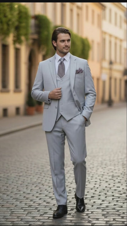 Men’s Very Light Gray Three-Piece  Wedding Suit 2 Buttons Modern or Slim Fit  Ash Bone Color Steel Grey