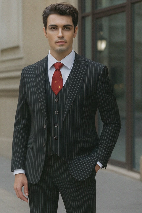Mens Vested Gangster Pinstripe 1920's Suit in Black
