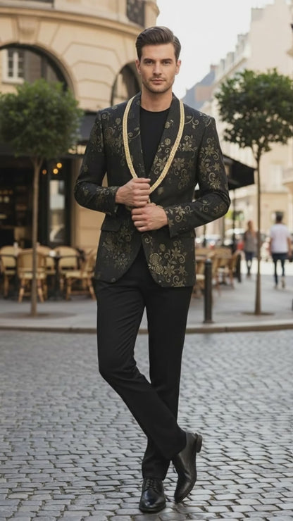 Men’s Black and Gold Embroidered Luxury Blazer – Designer Floral Pattern Wedding & Party Jacket (Sim534)