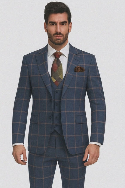 Rossiman Suits Brand - Plaid Textured Double breasted Style - Windowpane Pattern in Color Navy and Gray