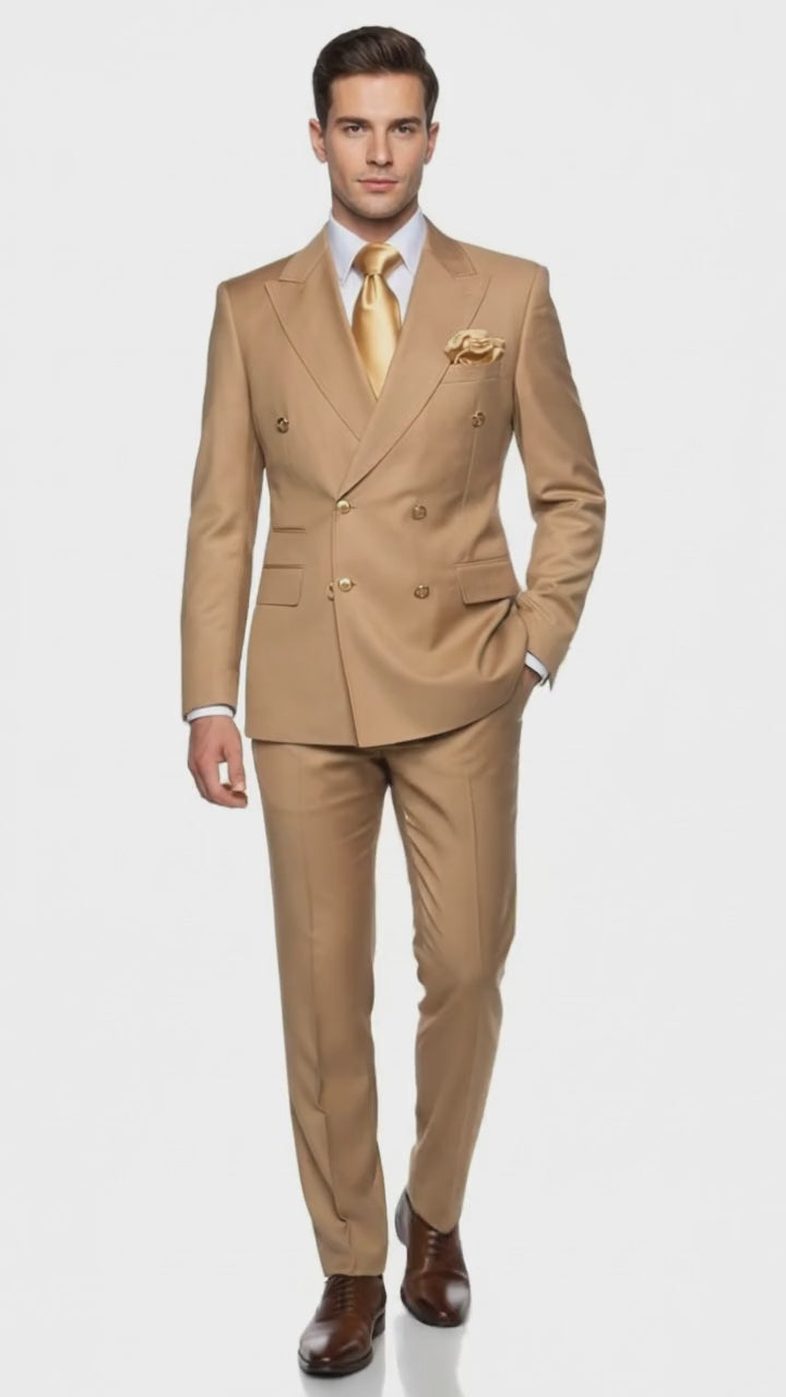 Mens Camel - Bronze - Goldish khaki Double-Breasted Suit – Luxury 2-Piece Formal Set with Gold Buttons and Peak Lapels by Rossi Man