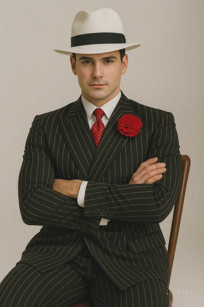 Mens Double Breasted Gangster Pinstripe Six Button Suit in black