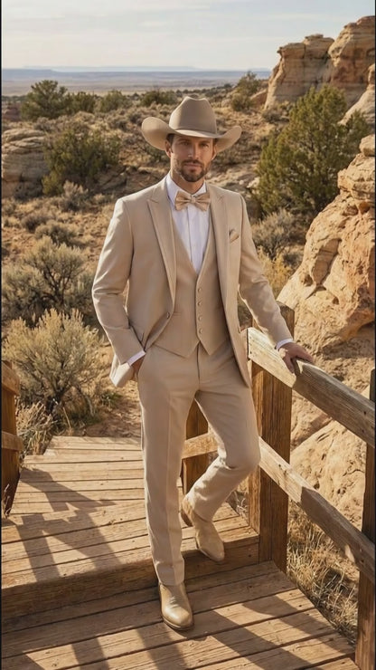Mens Beige Tan Khaki CowboyTuxedo Suit – Western Formal Three Piece Suit with Jacket Vest and Pants