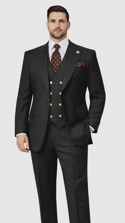 Rossiman Black Suit for Men – Classic 1-Button Peak Lapel Jacket & Double-Breasted Vest