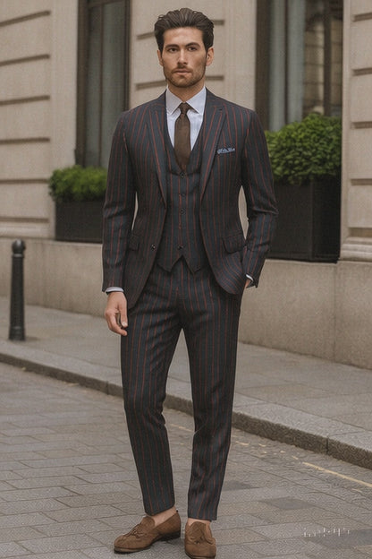 Mens 2 Button Vested 3 Piece Gangster Bold Pinstripe Suit in Burgundy