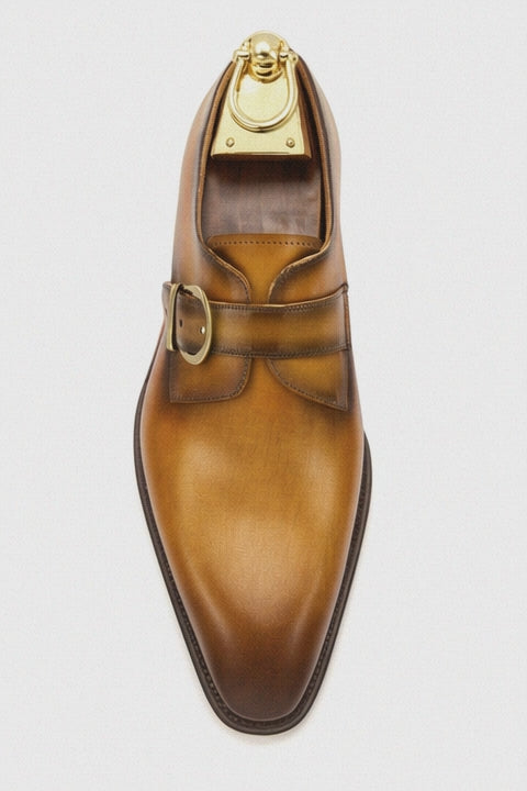 Mens Carrucci Classic Leather Fade Single D-Buckle Monk Strap Dress Shoe in Chestnut