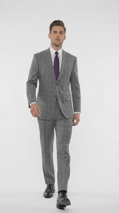 Men’s Grey Plaid 2 Button Suit, Modern Fit Peak Lapel Formal Wedding Business Suit
