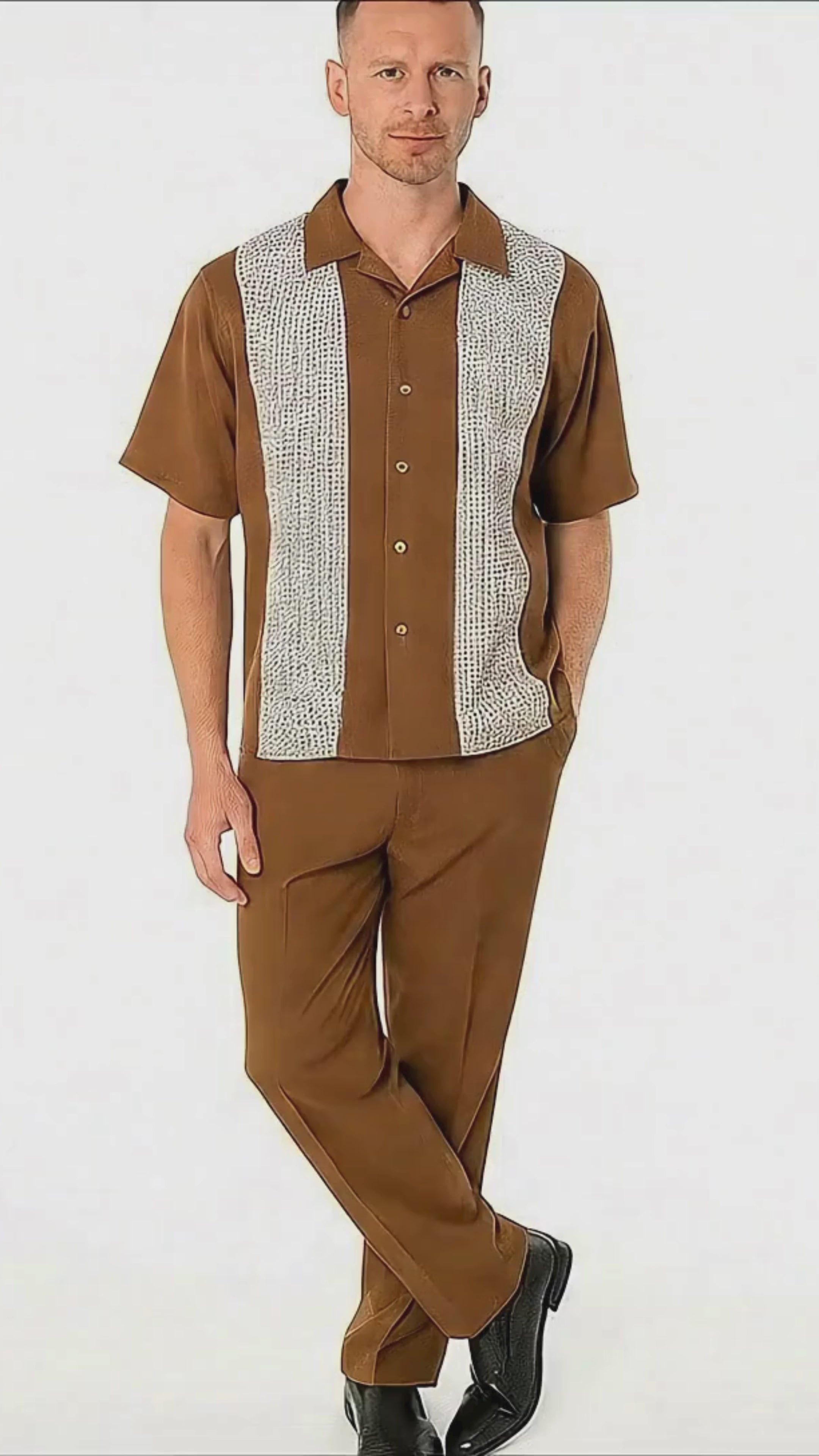 Men’s Cognac Tan Two-Piece Outfit – Short Sleeve Button-Up Shirt and Pants Set