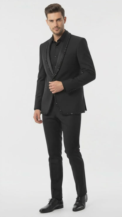 Mens Classic Black Designer Tuxedo Suit with Beaded Lapel – Elegant Formal and Party Wear Jacket and Pants