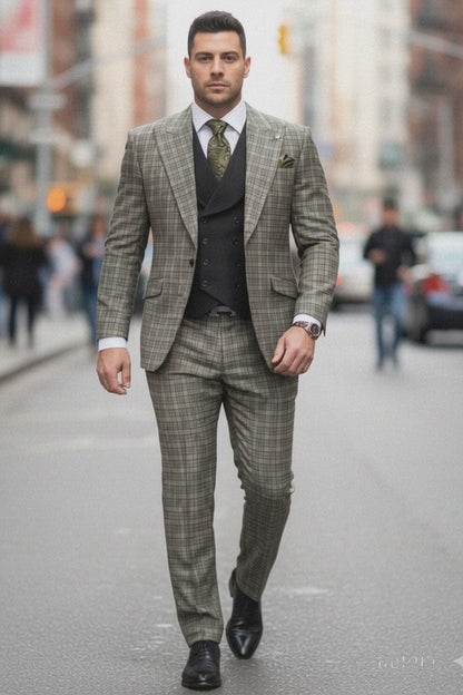 Statement Suits - Wool Suits - Peak Lapel Suits - Ticket Pocket - Modern Fit - Olive Suit