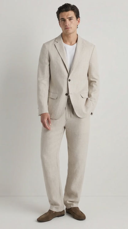 Men’s Informal Summer Suit, Light Beige Casual Linen Style Blazer and Pants Set