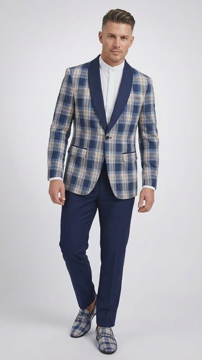 Mens Blue and White - Royal Plaid Tuxedo Suit Set – Checkered Prom Suit with Navy Pants Christmas Holiday New Year Jacket