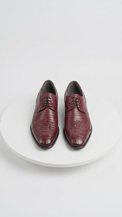 Men’s Los Altos Burgundy Lizard Crocodile Bike Toe Shoes, Exotic Lace Up Dress Shoes