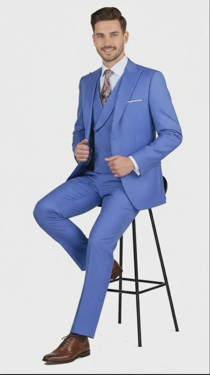 Men’s Light Blue Double-Breasted 3-Piece Suit Set – Tailored Fit Formal Business Suit in Steel Blue Sky Blue Color