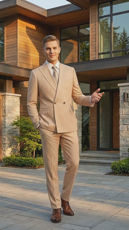 Vitali Men’s Tone on Tone Beige Pinstripe 2 Piece Suit, Double Breasted Summer Dress Suit for Weddings, Tan Beige Shadow Pinstripe