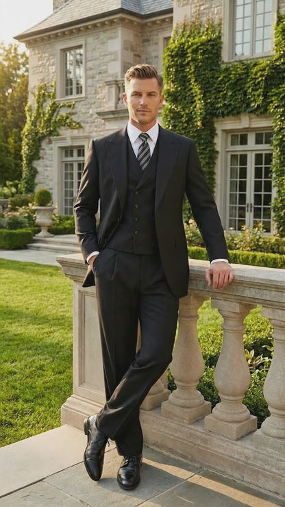 Tiglio Mens Black 3 Piece Suit – Single Button Classic Fit Pleated Wide Leg Pants Formal Business Church Suit - 100% Wool