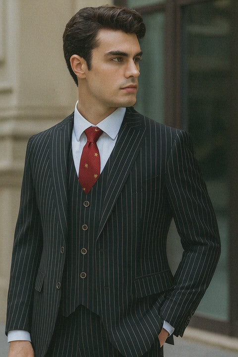 Mens Vested Gangster Pinstripe 1920's Suit in Black