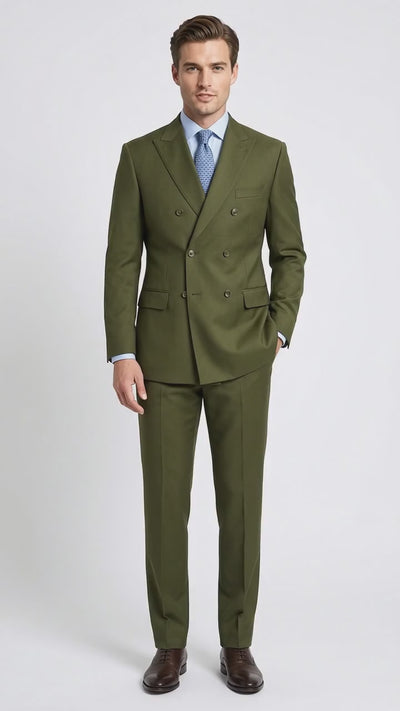 Men’s Olive Green Double-Breasted Suit – Classic Peak Lapel Wedding, Business Hunter Color
