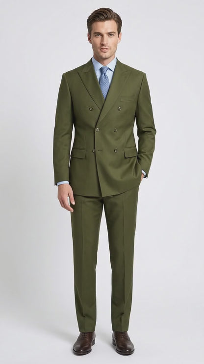 Men’s Olive Green Double-Breasted Suit – Classic Peak Lapel Wedding, Business Hunter Color