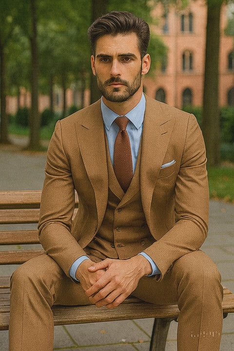 Men’s Camel Brown 3-Piece Suit with Vest and Chain – Formal Wear