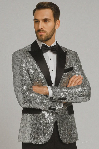 Men’s Silver Sequin Tuxedo Jacket with Black Satin Lapel – Event Blazer