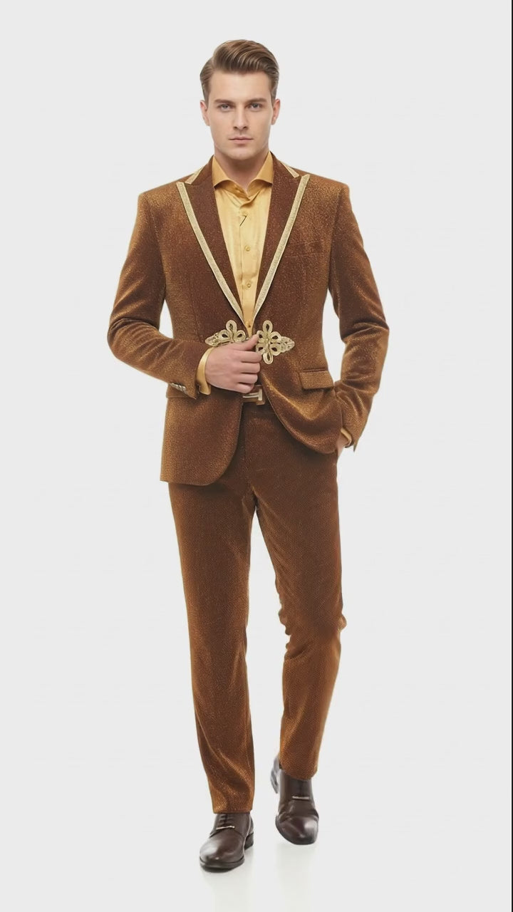 Mens Bronze Shiny Velvet Suit – Designer Party and Wedding Wear Blazer and Pant Set Brown and Gold Tuxedo