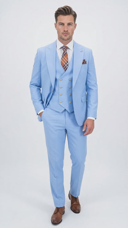 Statement Men’s Light Blue 3 Piece 100% Wool Fashion Suit, Bold Color Formal Wedding Suit
