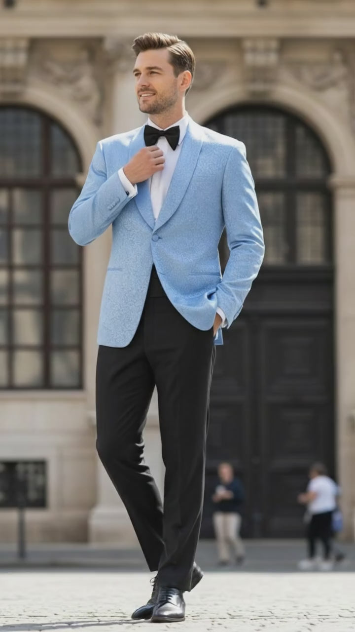 Men’s Light Blue Paisley Tuxedo Jacket – Elegant Satin Shawl Lapel Dinner Blazer for Weddings, Proms in Sky Powder Blue Color Bowtie