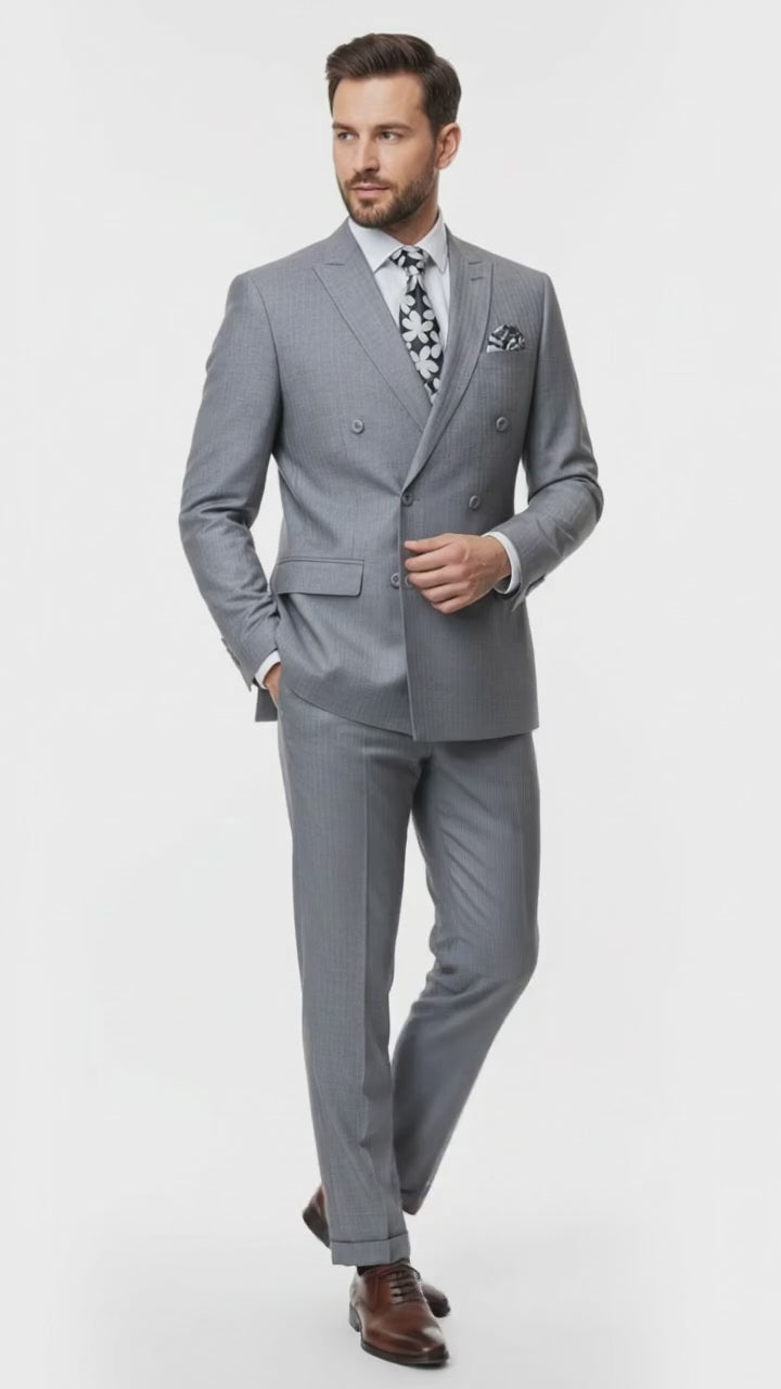 Mens Grey Tone on Tone Double-Breasted Suit – Classic Slim Fit 2 Piece Formal Business Gray Shadow Stripe