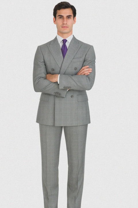 Executive Double Breasted Regular Fit Glen Plaid Suit - Color Grey