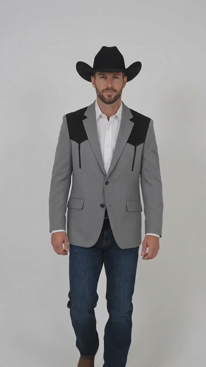 Men’s Grey Western Blazer with Black Suede Yoke – Cowboy Sport Coat for Rodeo, Country Wedding & Ranch Wear