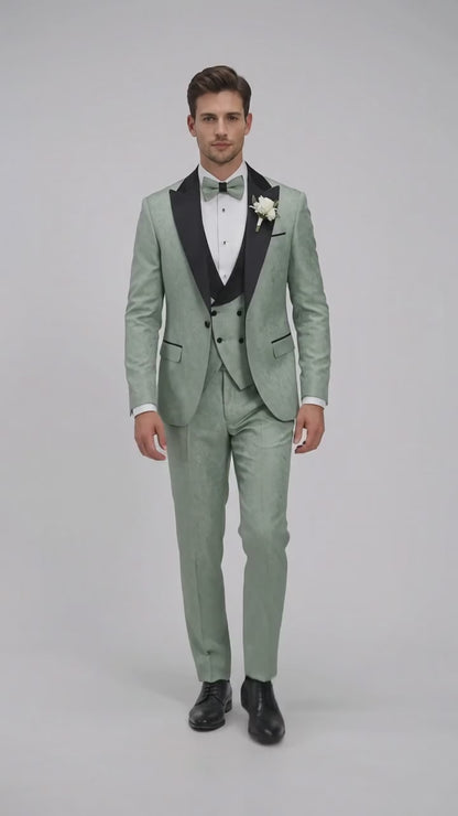 Men’s Sage Green Wedding Tuxedo with Black Shawl Lapel – 3 Piece Groom Prom Suit Mintish Color